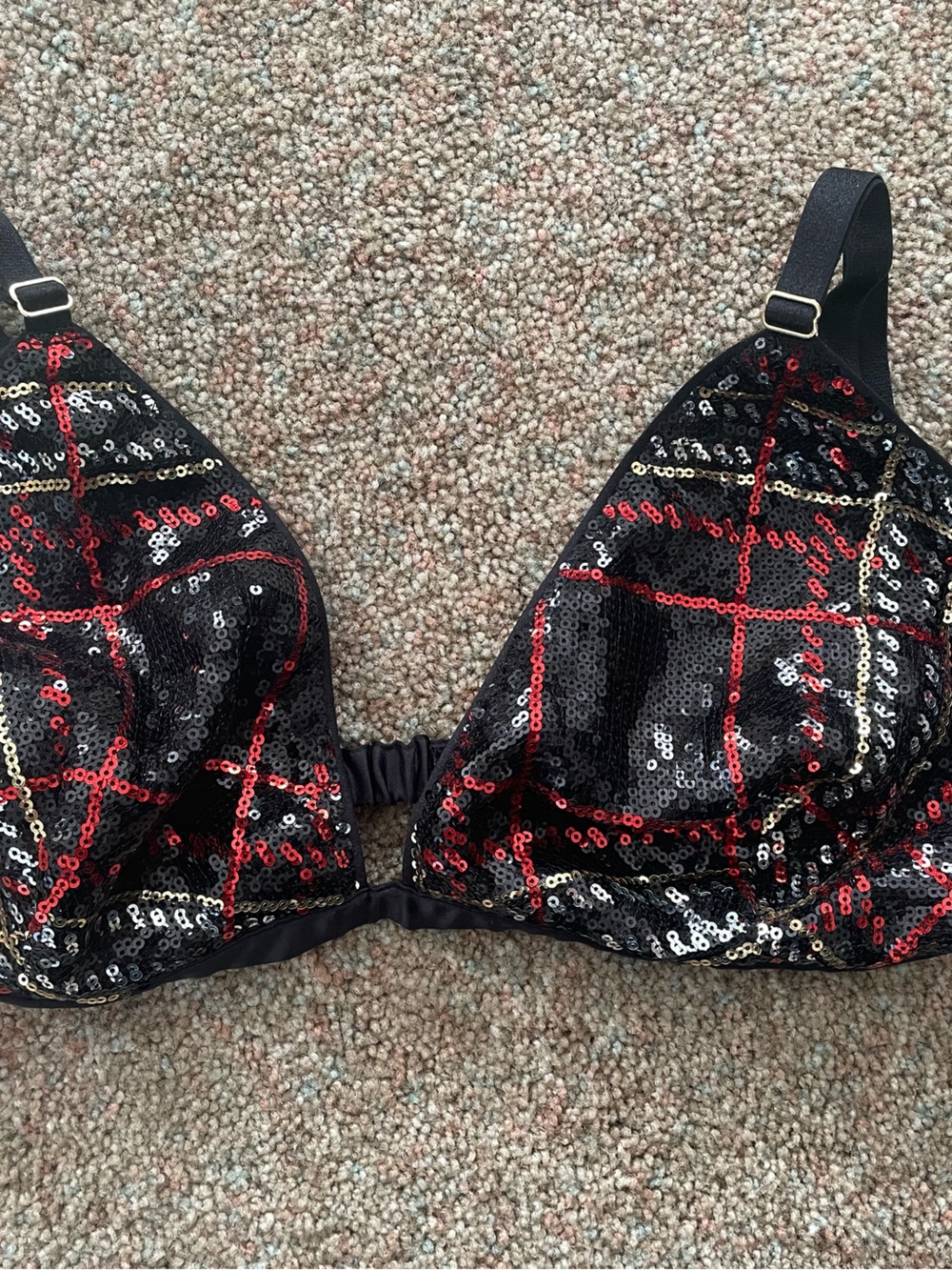 Victoria's Secret Black Sequin Bra with Red Accents